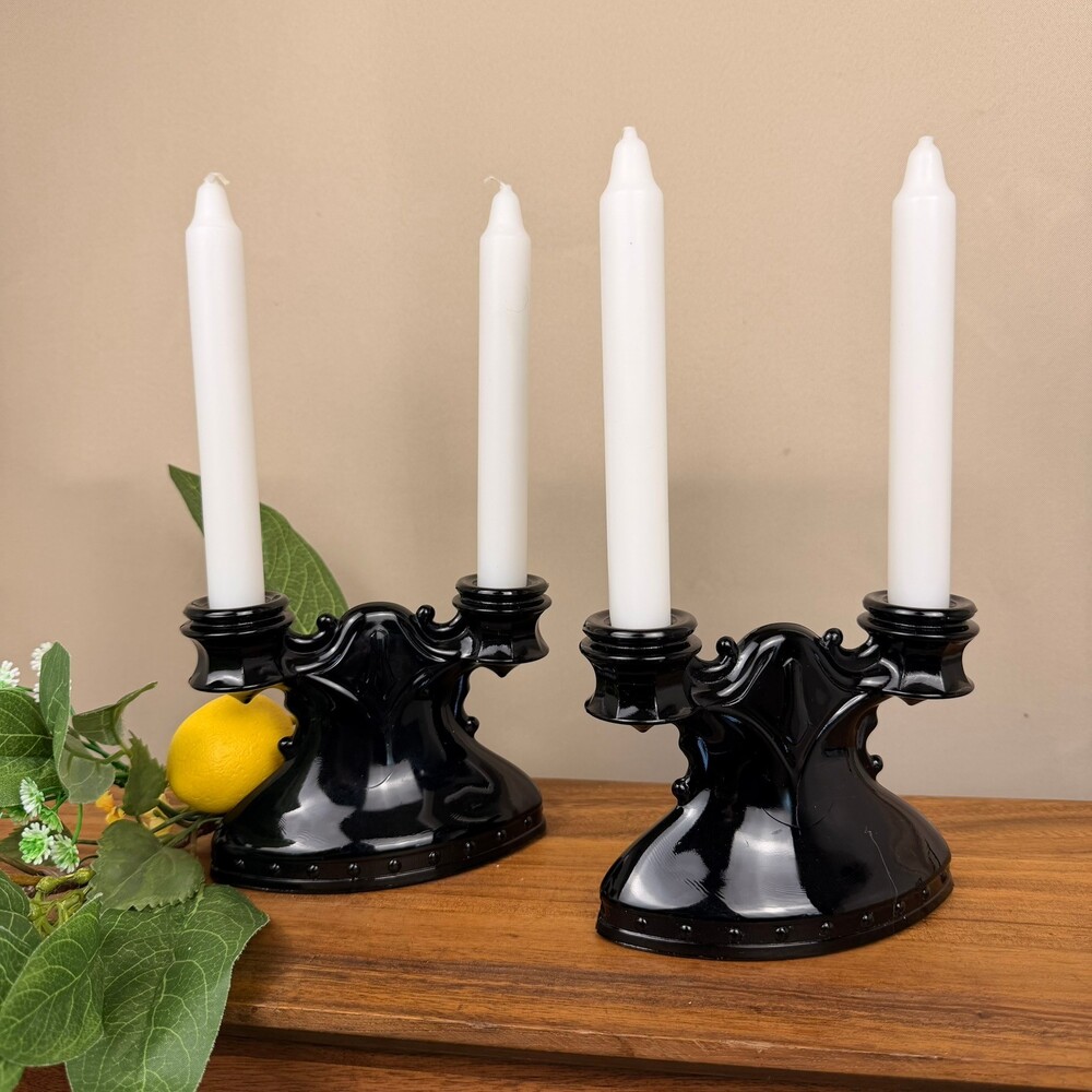 Pair Of L. E. Smith Glass Mt. Pleasant Black Amethyst Double Candlestick Holders
